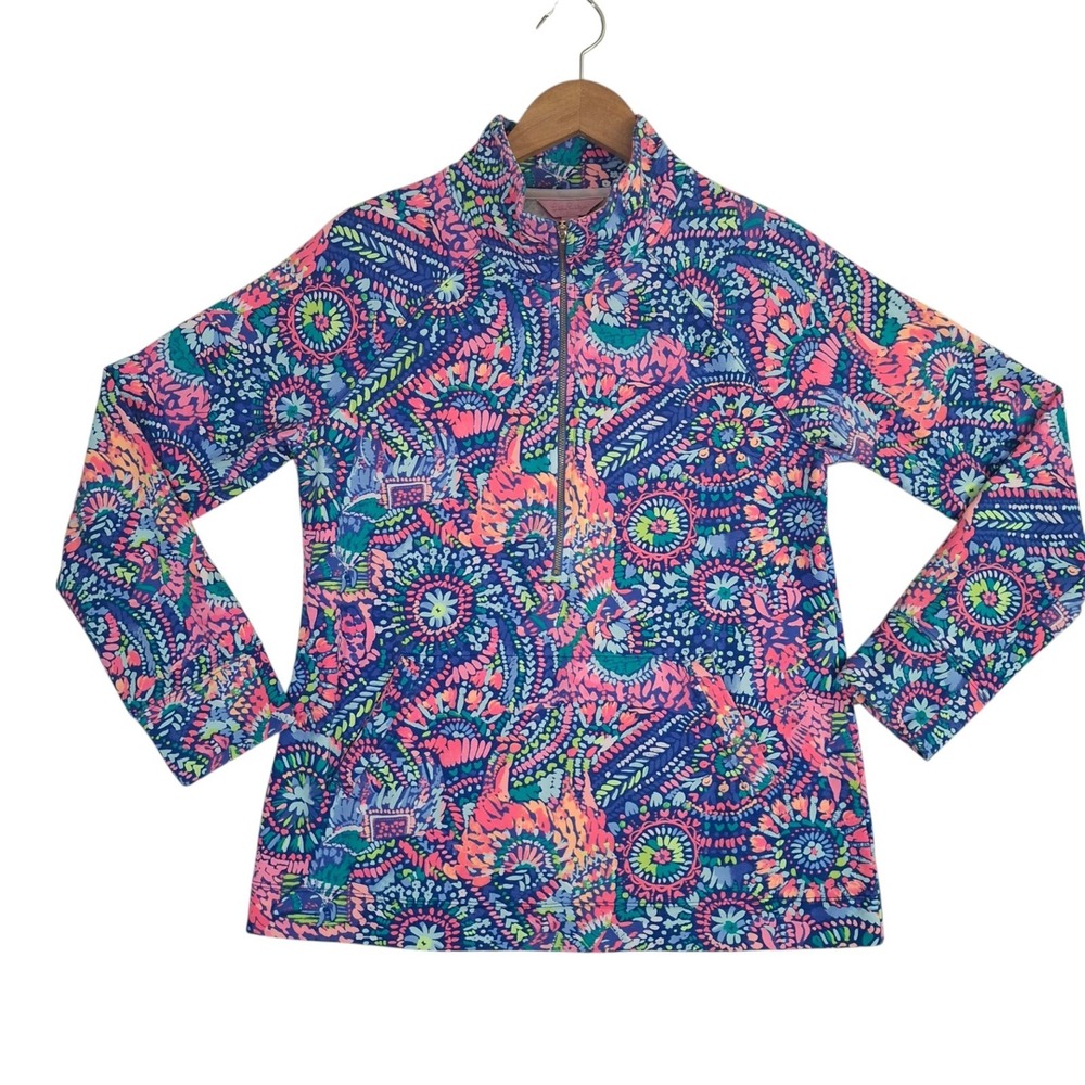 Lilly Pulitzer Skipper Popover Half Zip Sweatshirt Pink Blue Elephant Print M